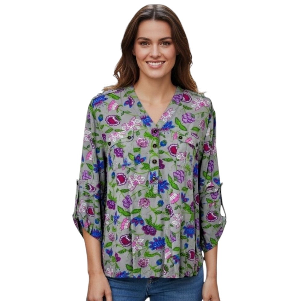 MATILDA JANE Thinking Out Loud Heather Gray Floral Blouse